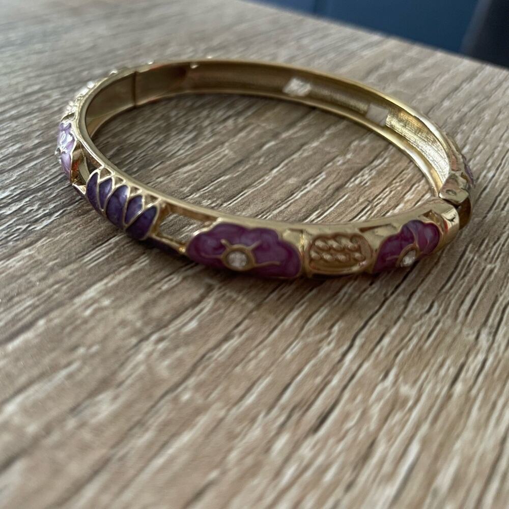 Women’s Floral lotus Purple and Gold tone Clamp style bracelet Lotus Stackable